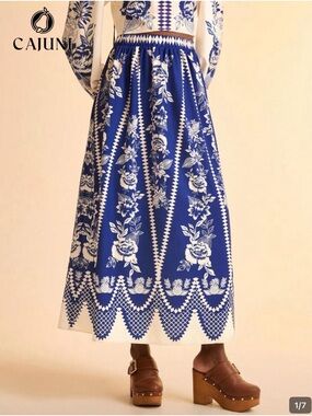 SHEIN Blue & White Floral Maxi Skirt with Geometric Trim